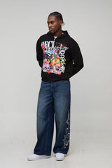Black Oversized Boxy Graffiti Doodle Printed Zip Through Hoodie