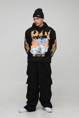 Black Oversized Dice Flame Printed Hoodie