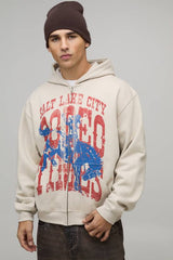 Stone Oversized Boxy Rodeo Printed Zip Through Hoodie