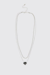 Double-Layer Silver Necklace with Black Molten Heart