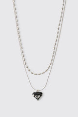 Double-Layer Silver Necklace with Black Molten Heart