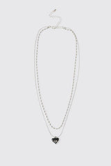Double-Layer Silver Necklace with Black Molten Heart