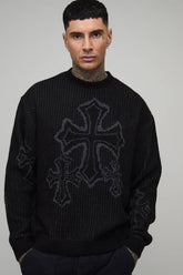 Tall Oversized Boxy Fluffy Cross Jacquard Knitted Jumper