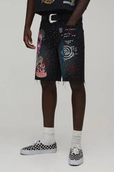 Graffiti Embellished Relaxed Fit Denim Shorts