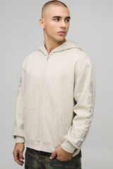Stone Oversized Boxy Kyoto Print Zip Through Hoodie