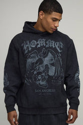 Black Oversized Graphic Acid Wash Hoodie