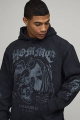 Black Oversized Graphic Acid Wash Hoodie