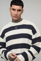 Tall Boxy Distressed Striped Knitted Jumper