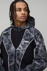 Regular Fit Nylon Camo Colour Block Piping Hooded Track Jacket