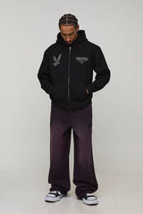 Black Oversized Boxy Zip Through Worldwide Printed Hoodie