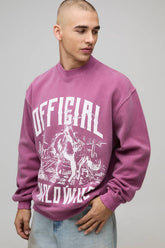 Washed Burgundy Oversized Boxy Western Print Extended Neck Sweatshirt