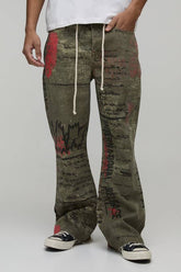 All Over Printed Relaxed Flared Rope Belted Jeans