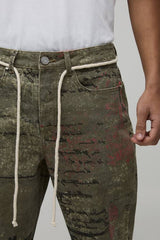 All Over Printed Relaxed Flared Rope Belted Jeans