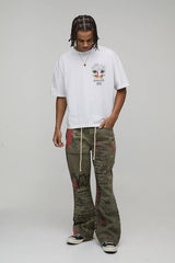 All Over Printed Relaxed Flared Rope Belted Jeans