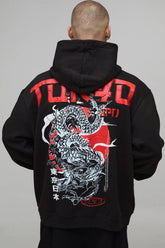 Black Oversized Tokyo Spine Dragon Printed Hoodie