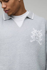 Oversized Boxy V Neck Mixed Boucle Polo Jumper