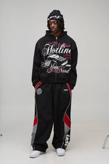 Black Oversized Boxy Hotline Graphic Zip Through Hoodie