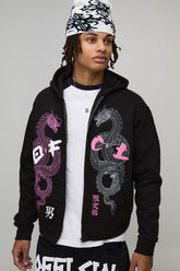 Black Oversized Boxy Dragon Puff Print Zip Through Hoodie