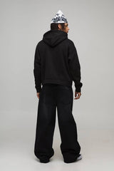 Black Oversized Boxy Dragon Puff Print Zip Through Hoodie