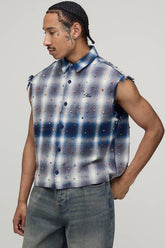 Oversized Boxy Sleeveless Raw Seam Jewel Shirt