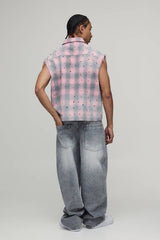 Oversized Boxy Sleeveless Raw Seam Jewel Shirt