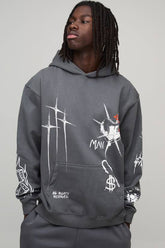 Charcoal Oversized Graffiti Tattoo Printed Hoodie