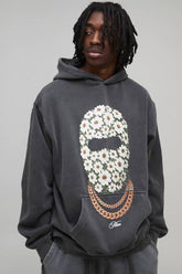 Oversized Man Daisy Ski Mask Washed Printed Hoodie