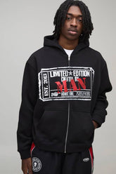 Black Oversized Boxy Heavyweight Graphic Zip Through Hoodie