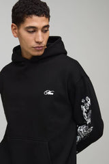 Black Oversized Floral Puff Print Hoodie