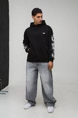 Black Oversized Floral Puff Print Hoodie