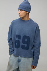 Oversized Boxy Washed Waffle Applique Varsity Long Sleeve T-Shirt