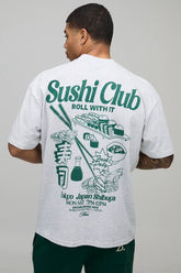 Ash Grey Oversized Sushi Club Print Extended Neck T-Shirt