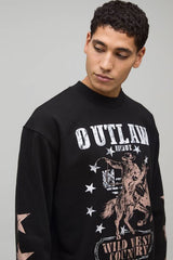 Black Oversized Boxy Wild West Print Extended Neck Sweatshirt