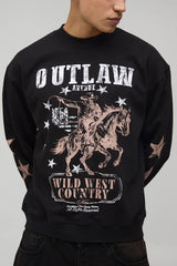 Black Oversized Boxy Wild West Print Extended Neck Sweatshirt