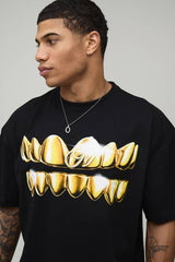 Black Oversized Grill Print T-Shirt