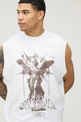 White Oversized Boxy Exposed Seam Renaissance Print Tank