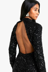 Petite Sequin Shoulder Pad Backless Midi Dress