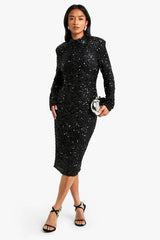 Petite Sequin Shoulder Pad Backless Midi Dress