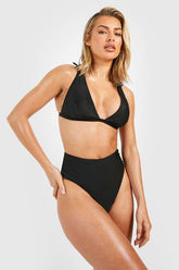 Plain Tie Shoulder Triangle Bikini Top & High Waist Bikini Bottoms Set