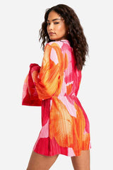 Petite Plisse Floral Printed Flare Sleeve Playsuit