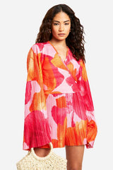 Petite Plisse Floral Printed Flare Sleeve Playsuit