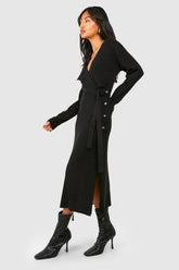 Button Detail Wrap Rib Midaxi Knitted Dress