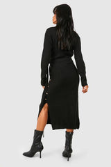 Button Detail Wrap Rib Midaxi Knitted Dress