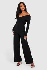 Petite Premium Slinky Twist Front Bardot Jumpsuit
