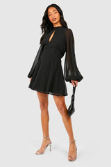 Petite High Neck Volume Sleeve Skater Dress