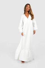Poplin Blouson Sleeve Trapeze Maxi Dress