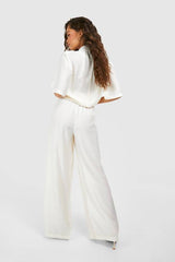 Textured Crinkle Relaxed Fit Wide Leg Trousers
