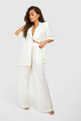 Textured Crinkle Relaxed Fit Wide Leg Trousers