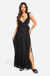 Cheesecloth Ruffle Plunge Maxi Dress