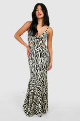 Petite Animal Print Ruffle Cut Out Maxi Dress